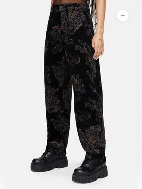 NWT Disturbia Fleur Printed Black Corduroy Barrel Leg Trousers Pants - 38 waist